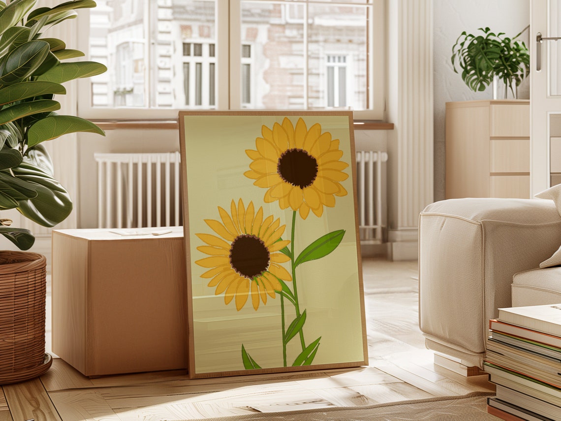 Two Large Yellow Sunflowers Green Stems Pale Botanical Poster - Image 2