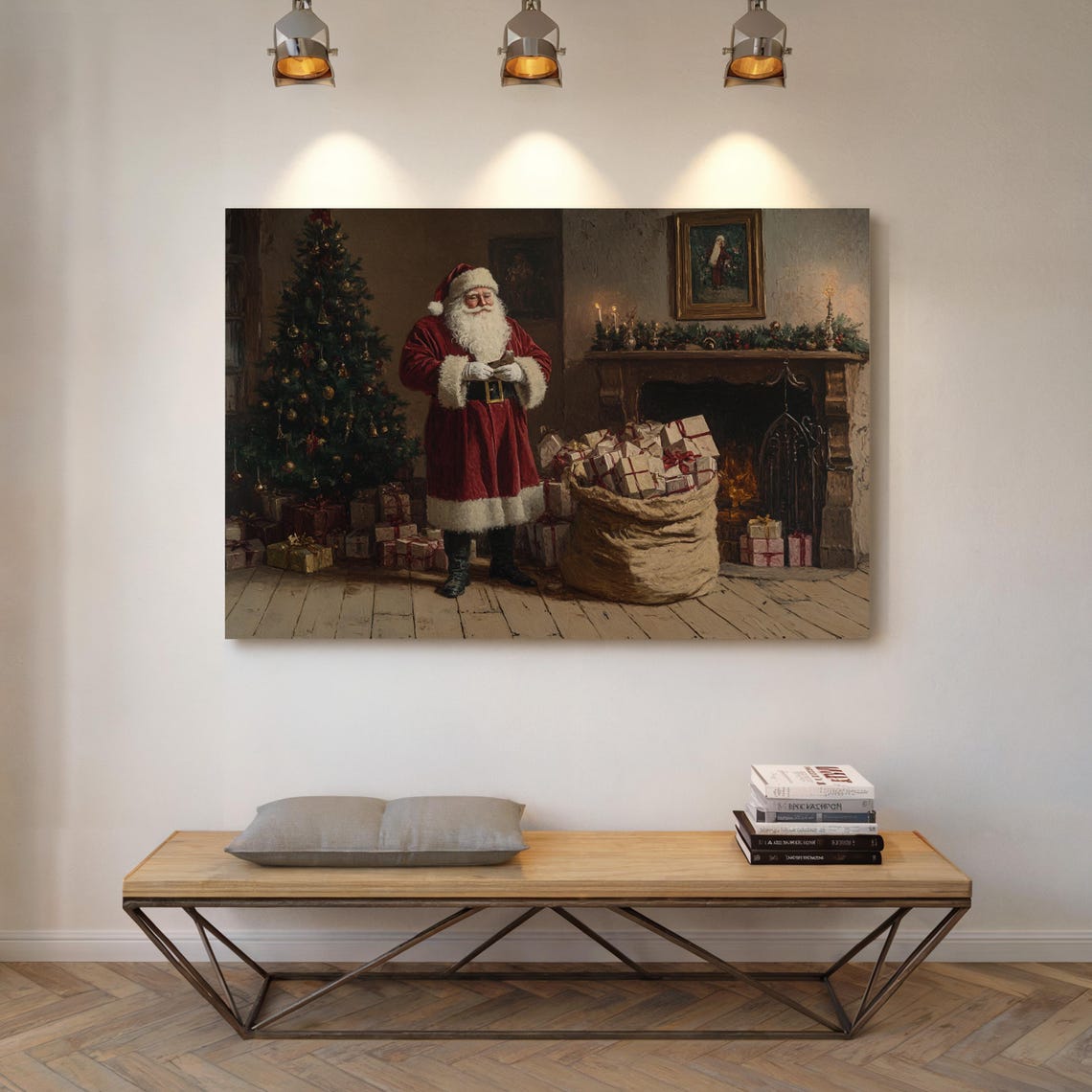 Traditional Santa Claus by Fireplace Cozy Christmas Gifts Poster - Image 4