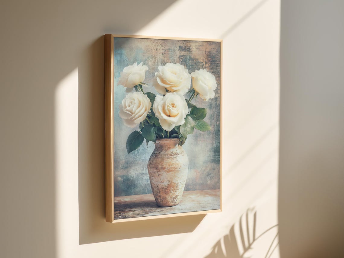 White Roses In Rustic Vase Cottagecore Floral Still Life Wall Art - Image 2
