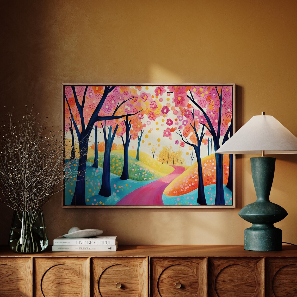 Spring Forest Path Art Print, Cherry Blossom Hillside