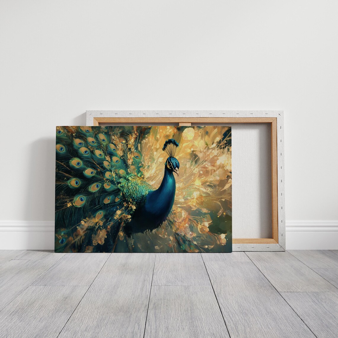 Peacock With Fanned Tail Golden Teal Majestic Radiant Bird Wall Art - Image 3