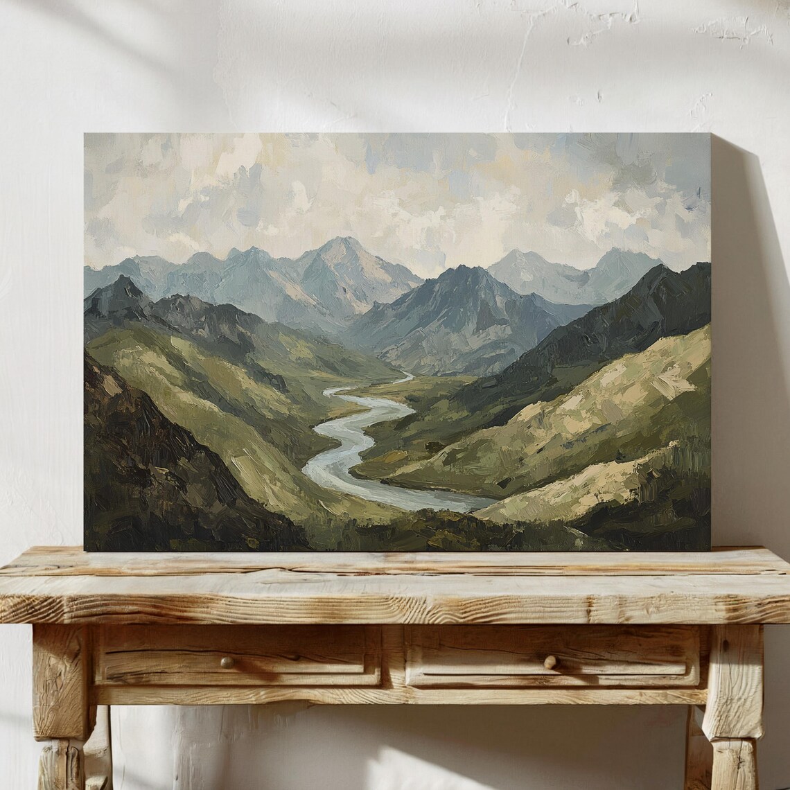Serene River Valley Painting, Majestic Mountain Landscape - Image 5
