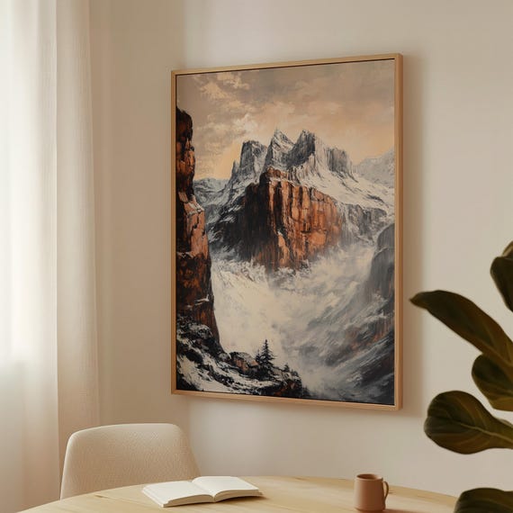 Majestic Snowy Mountains Rustic Landscape Painting Winter Nature Art Lodge Decor Scenic Wilderness Print