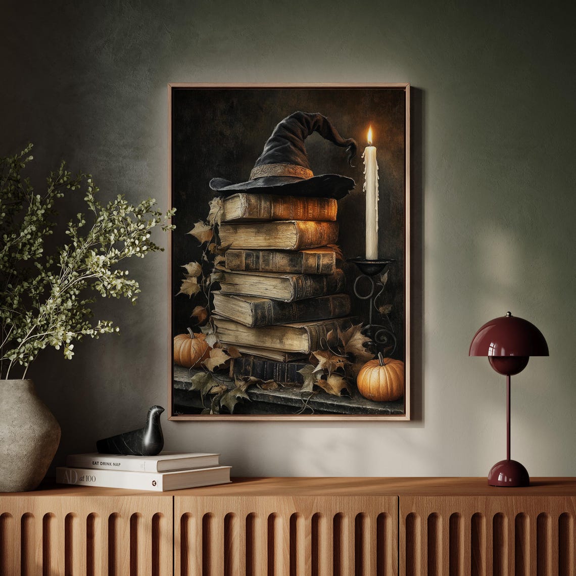 Witch Hat On Vintage Books Candlelit Halloween Gothic Art Print - Image 5