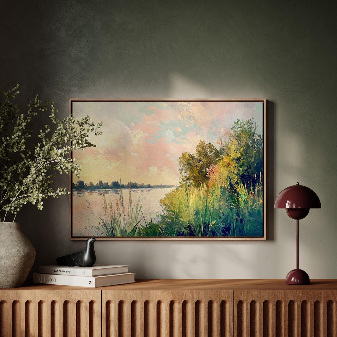 Impressionist River Sunset Painting Tranquil Landscape Wall Art Print With Pastel Skies And Lush Greenery - Image 5
