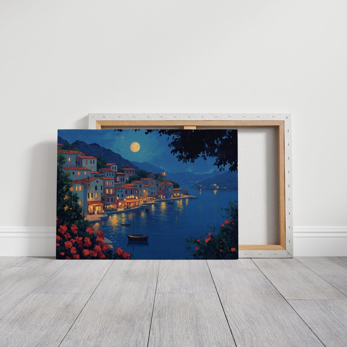 Moonlit Mediterranean Village Coastal Harbor Night Lights Poster - Image 3