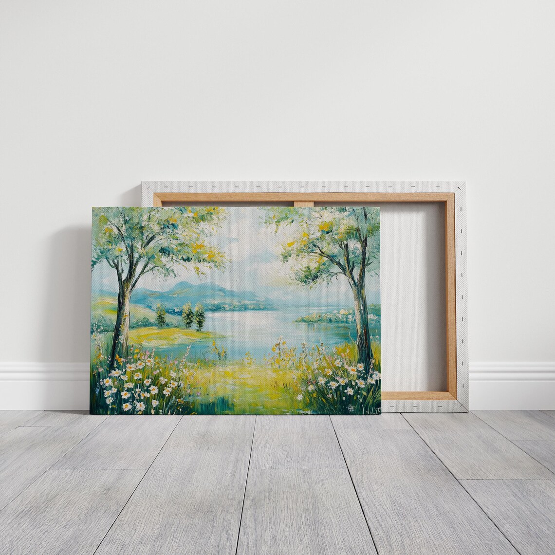 Bright Lakeside View With Wildflowers And Trees Cheerful Nature Poster - Image 4