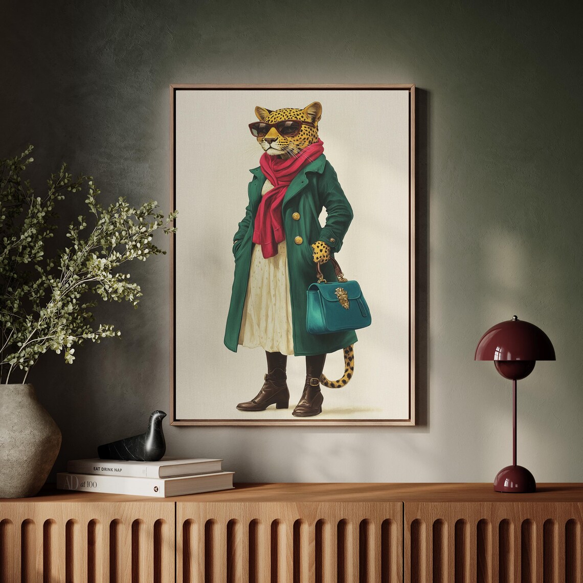 Fashionable Leopard In Sunglasses Green Coat Red Scarf Quirky Wall Art - Image 2