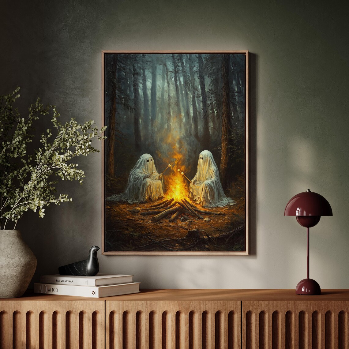 Cute Ghosts Campfire Night Forest Cozy Spooky Halloween Wall Art Poster - Image 5