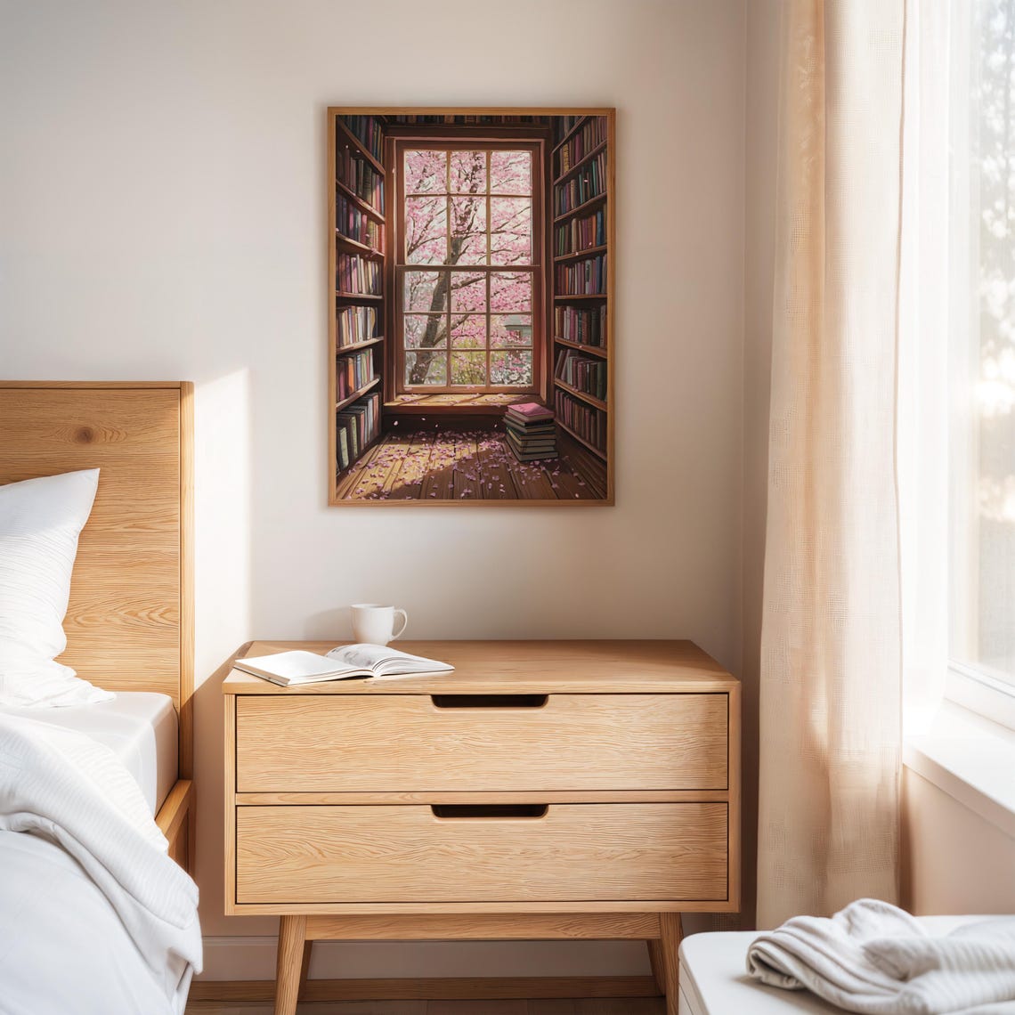Cherry Blossom Library Art Print Spring Window Scene With Books Peaceful Reading Nook Wall Decor For Book Lovers - Image 4