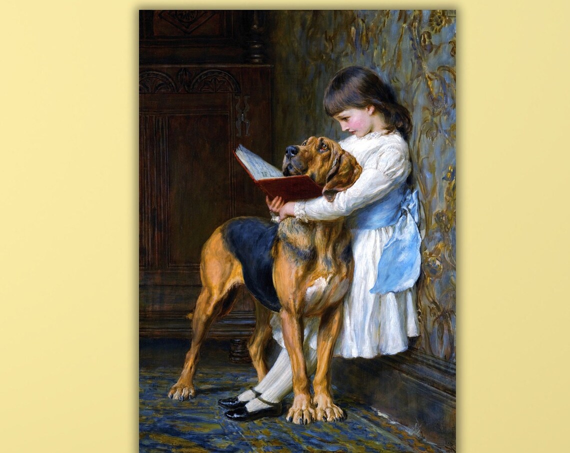 Classic Victorian Girl Reading Book to Bloodhound Dog Art Poster