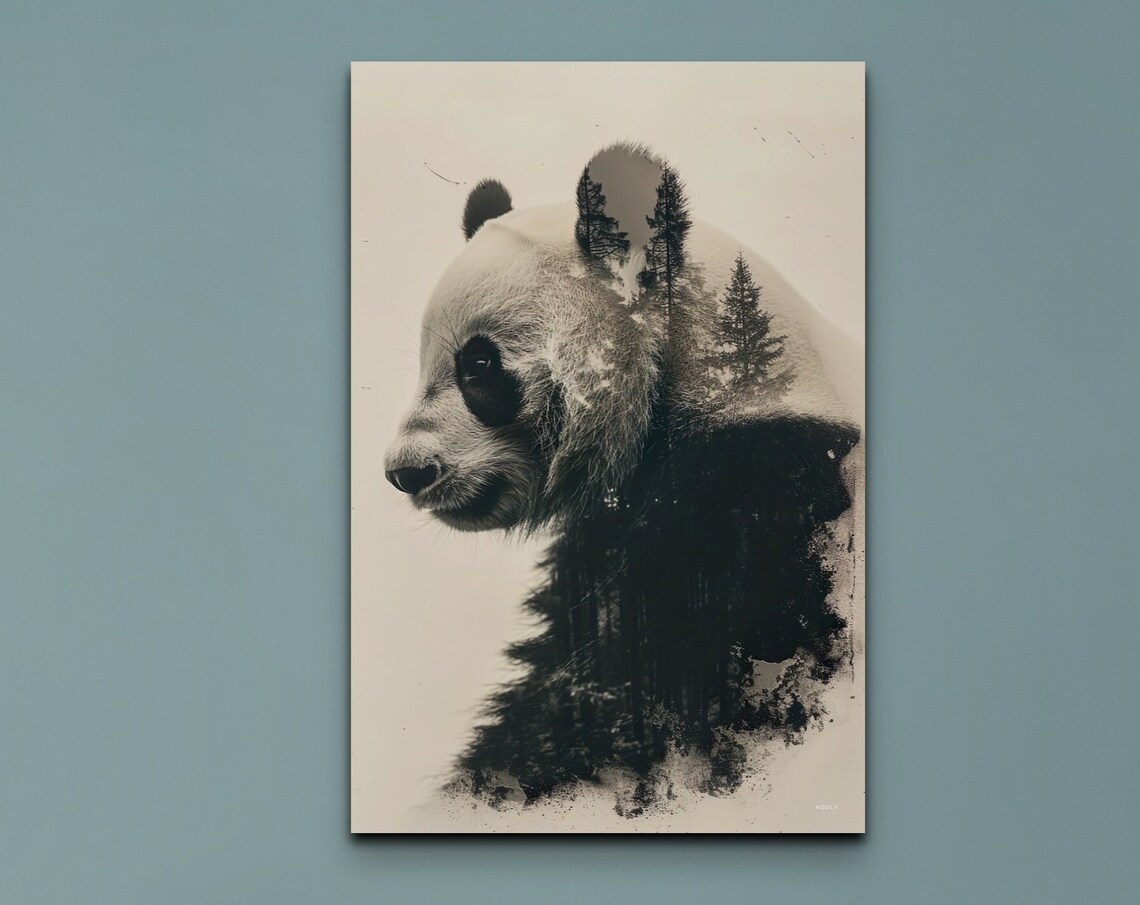 Double Exposure Panda, Forest Trees Nature Art Print