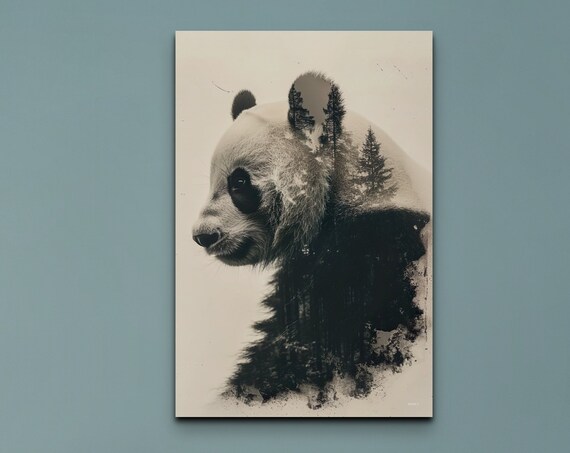 Double Exposure Panda, Forest Trees Nature Art Print