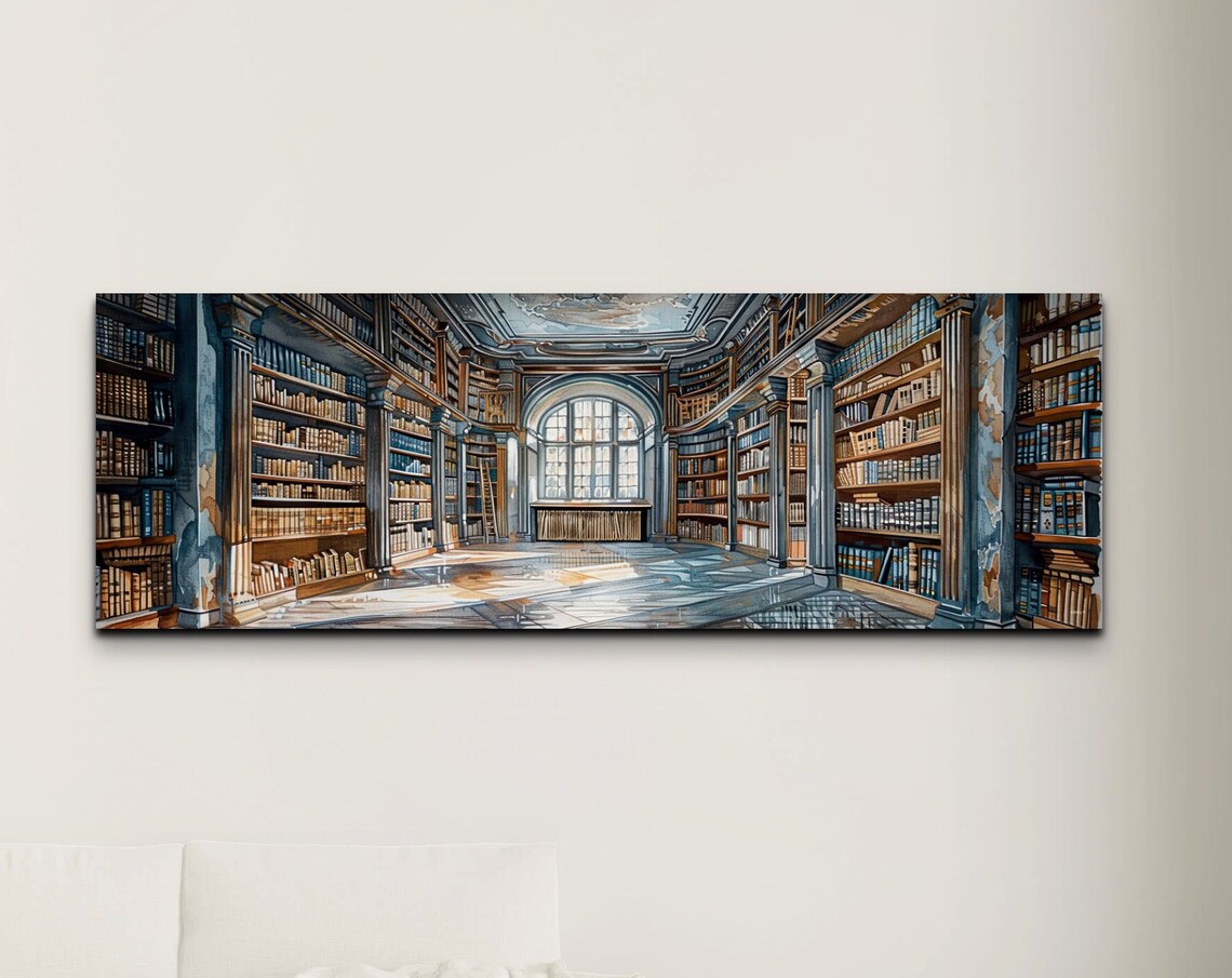 Grand Marble Library Hall Tall Bookshelves Panoramic Wall Art