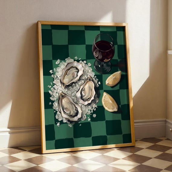 Moody Wine And Oyster Still Life Art Print Dark Kitchen Decor Green European Bistro Painting Vintage Foodie Poster Digital Download