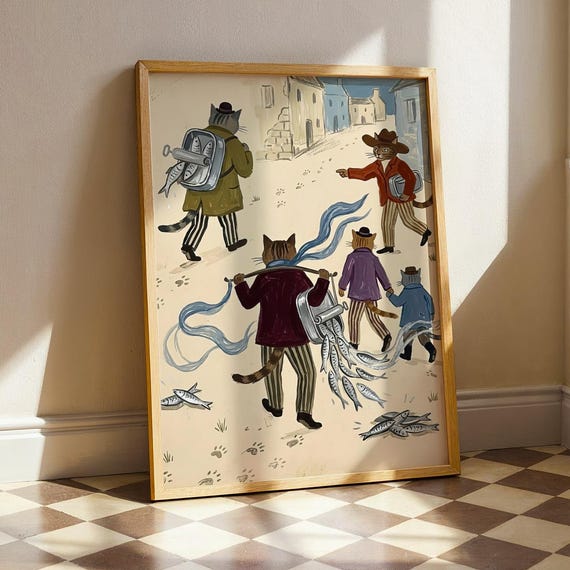 Whimsical Cat Folk Art Print Vintage Storybook Wall Funny Cats With Sardines Poster Maximalist Nursery Decor Digital Download