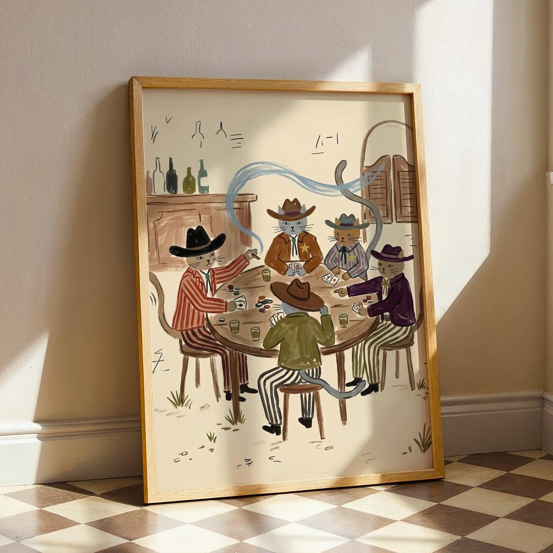 Cowboy Cats Playing Poker in a Western Saloon Funny Folk Art Poster