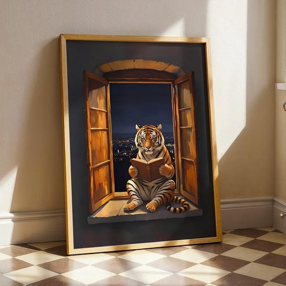 Reading Tiger Art Print Open Window Book Nook Wall Decor Whimsical Wild Animal Poster Funny Night Reader Illustration Bookish Gift
