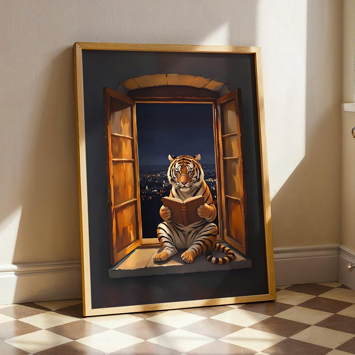 Reading Tiger Art Print Open Window Book Nook Wall Decor Whimsical Wild Animal Poster Funny Night Reader Illustration Bookish Gift