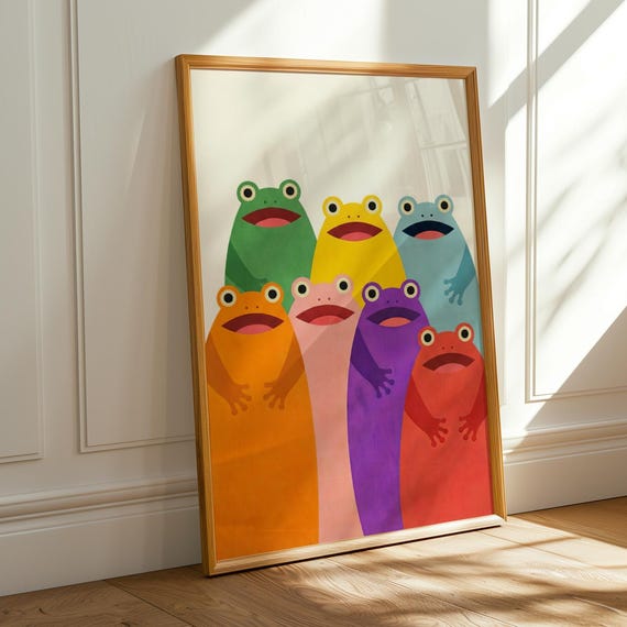 Colorful Frogs Smiling Printable Maximalist Dopamine Decor Whimsical Nursery Poster Kitsch Animal Kids Room Wall Art Digital Download
