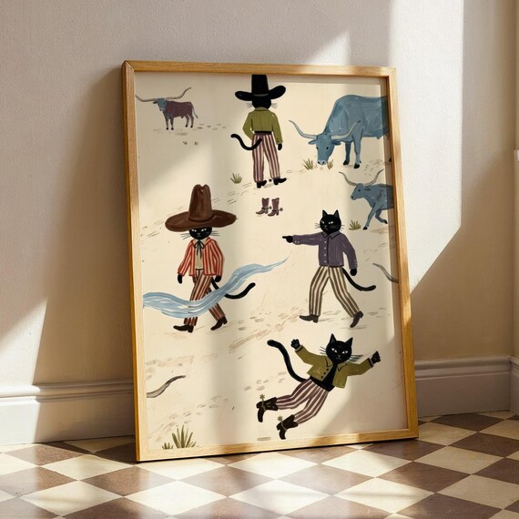 Black Cowboy Cats Herding Longhorn Cattle Western Ranch Folk Art Poster