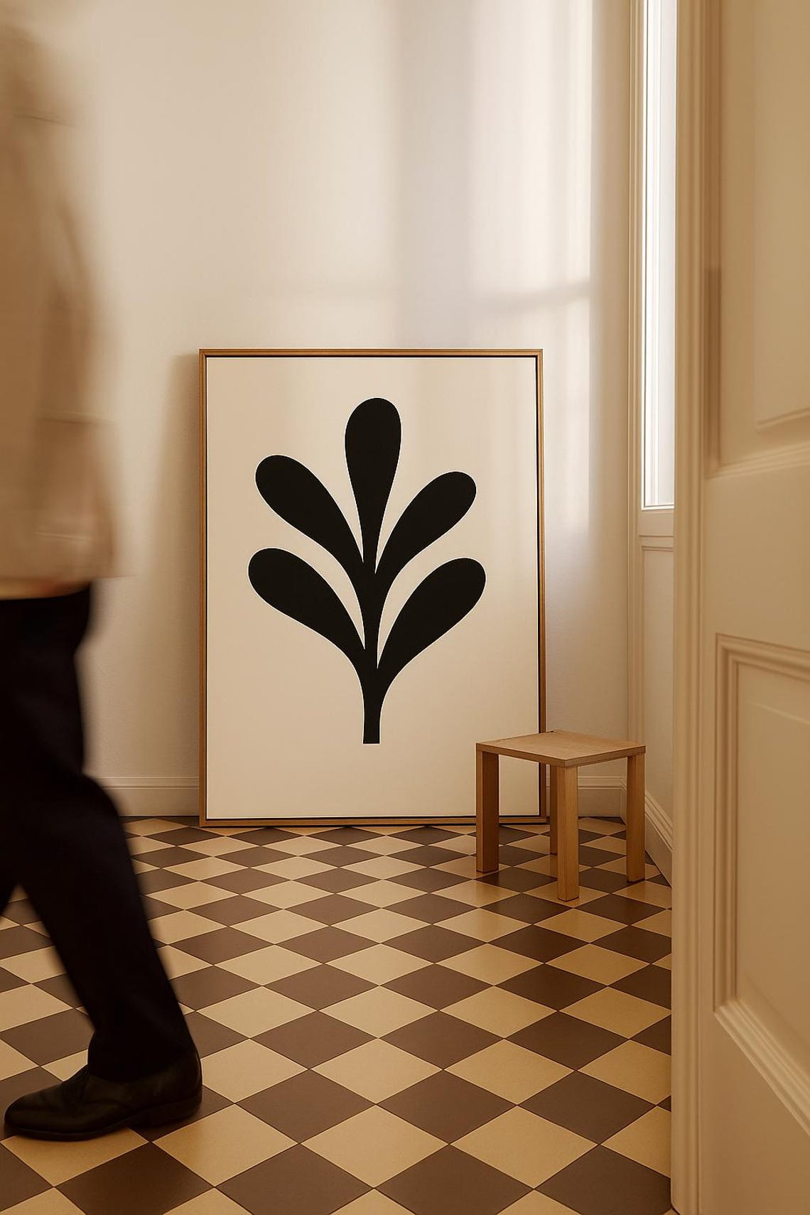 Bold Black Leaf Silhouette Minimalist Botanical Beige Decor Poster