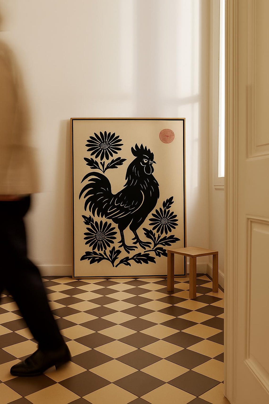 Black Rooster Silhouette Japanese Ink Style Botanical Poster