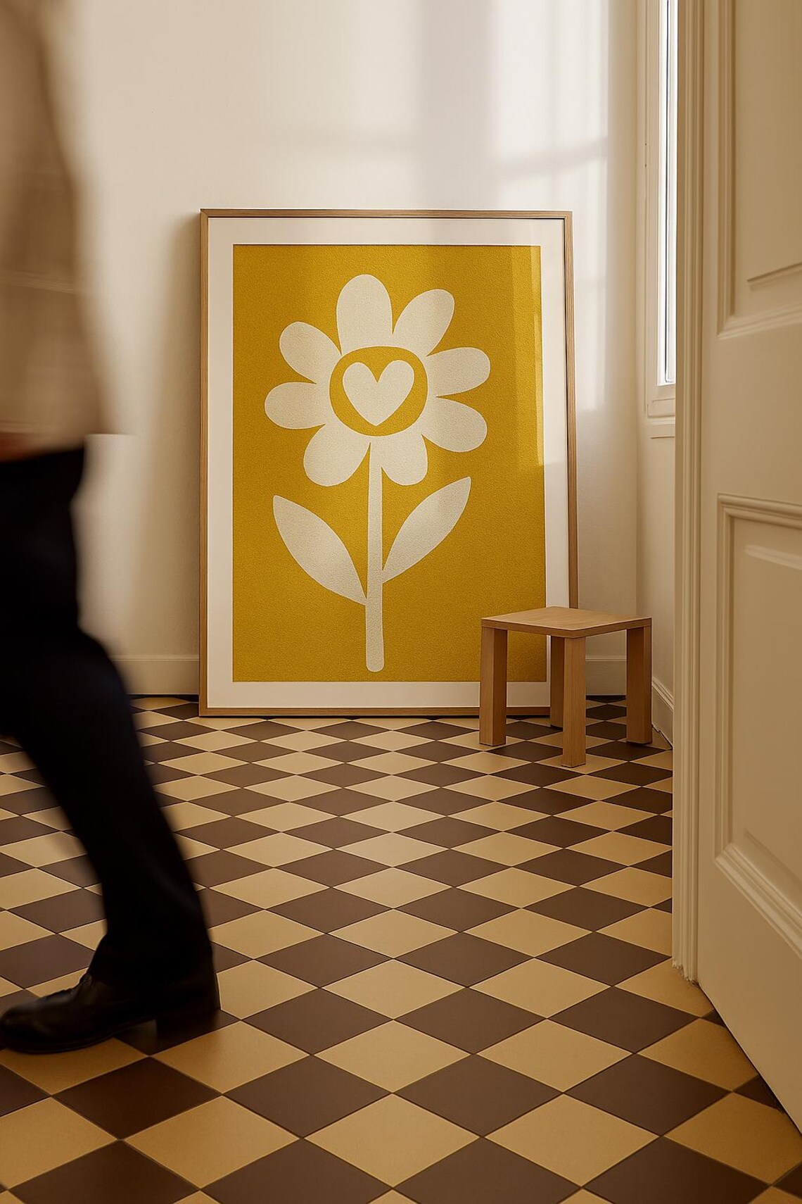 Sunny Golden Retro Daisy with Heart Center Bold 70s Floral Poster