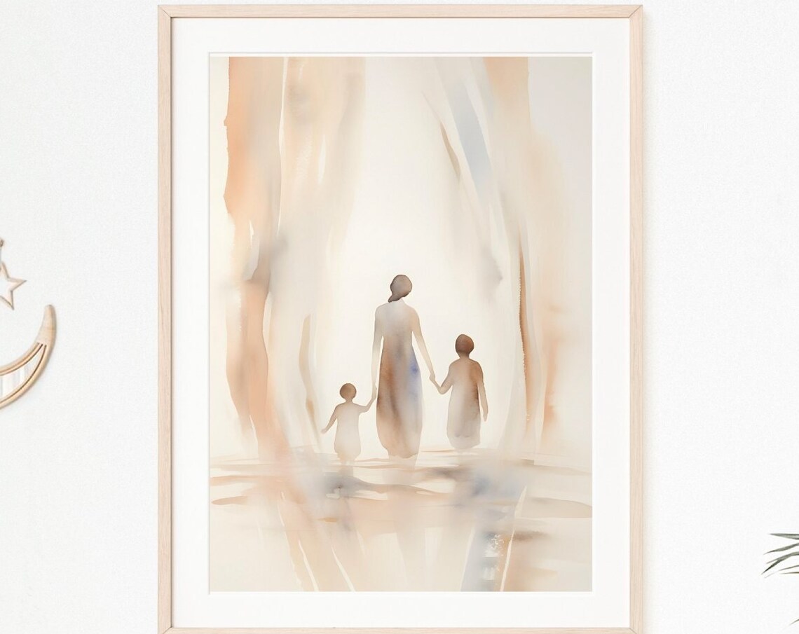 Framed Mother Walking with Two Children Watercolor Art Poster - Image 3