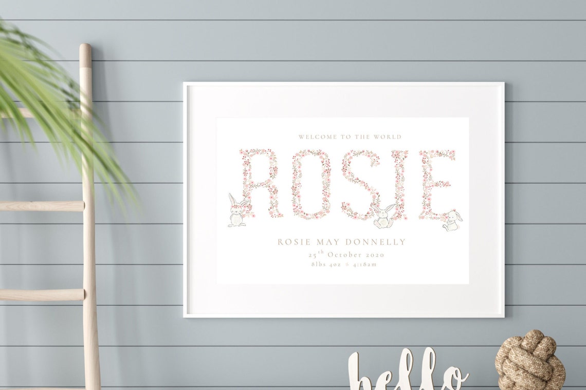 Rosie May Donnelly Floral Name Letters Bunny Nursery Art Print - Image 2