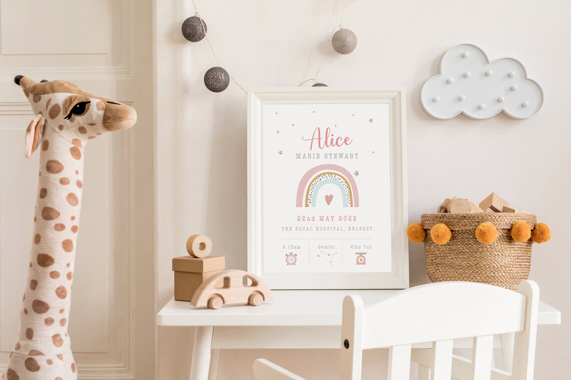 Personalised Rainbow Nursery Decor Birth Stats Print - Image 2
