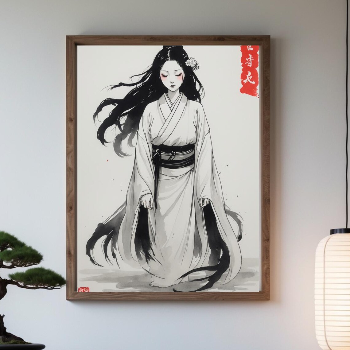 Japanese Woman White Kimono Ink Wash Painting Graceful Zen Poster
