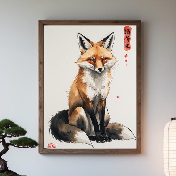 Japanese Style Poster Red Fox Art Print Wall Japandi