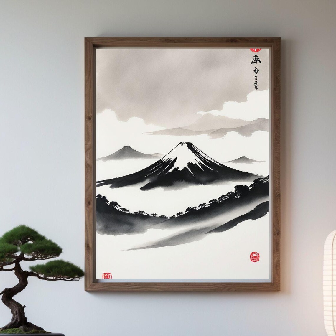 Mount Fuji Ink Wash Painting Misty Mountains Japanese Zen Poster