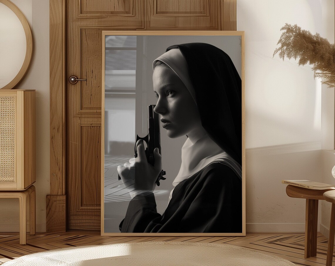 Nun Holding Gun Black And White Cinematic Photographic Art Poster - Image 2