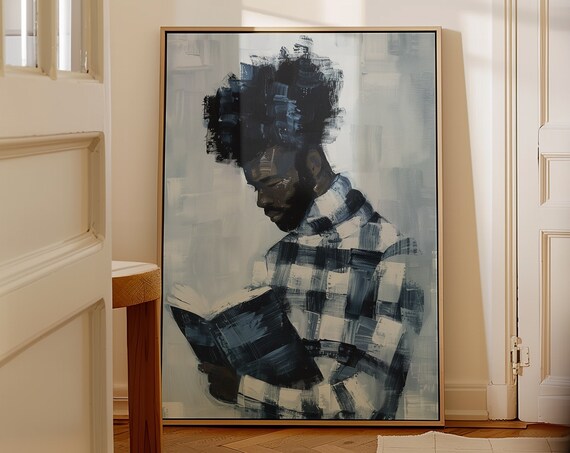 Abstract Afro Man Reading Book Muted Blue Contemporary Poster