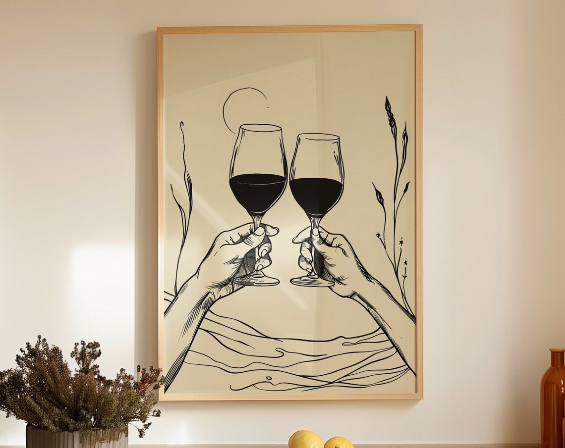 Wine Glasses Cheers Line Art Minimalist Kitchen Bar Decor Art Poster