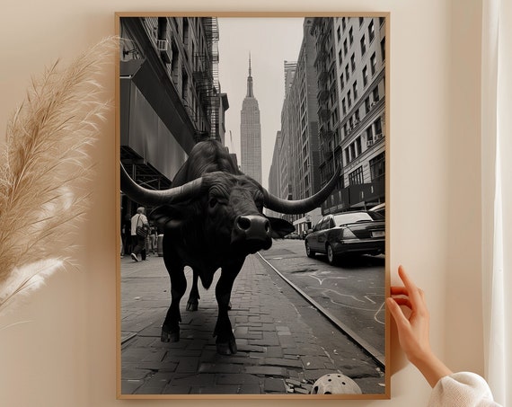 Funny Animal Print Black And White Poster Wallstreet Photography Wall Art Bull In The City Cute Nursery Wall Art