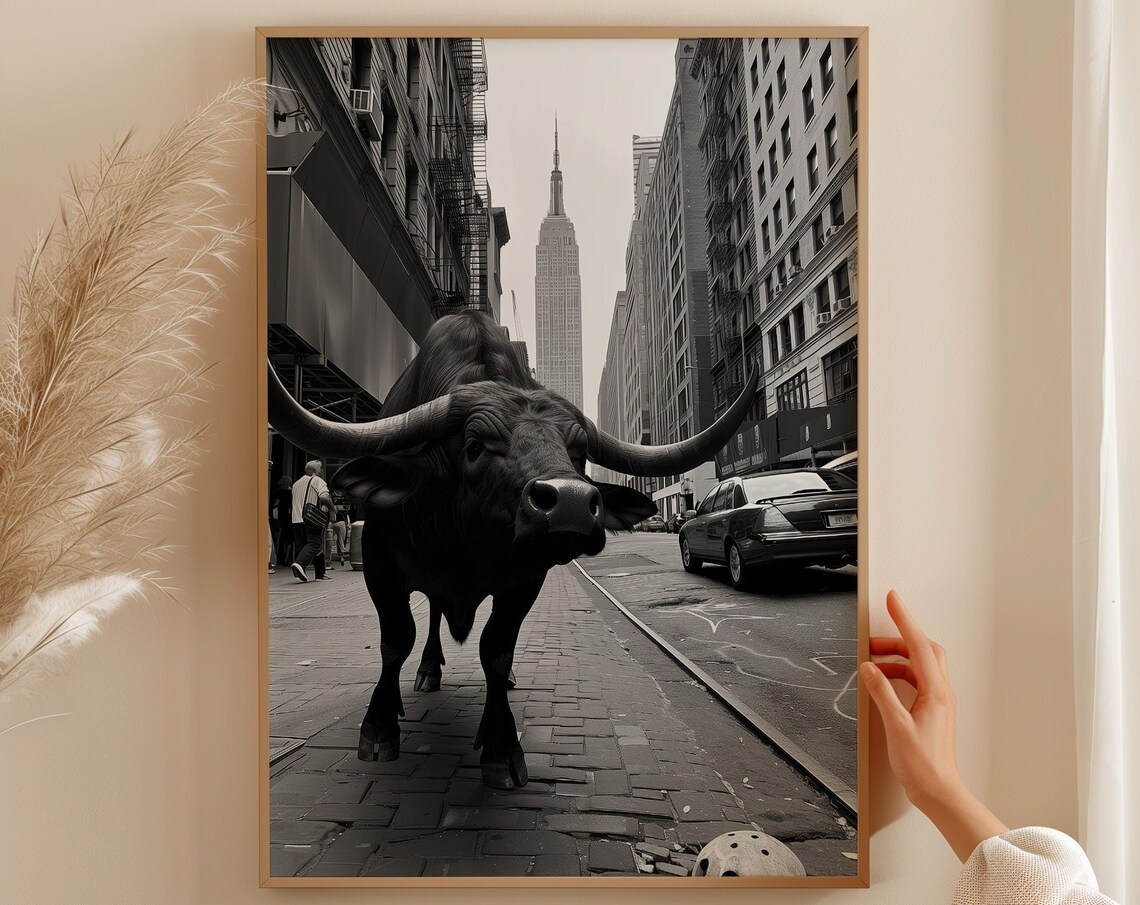 Black Bull On Wall Street Surreal Black And White Photography Poster