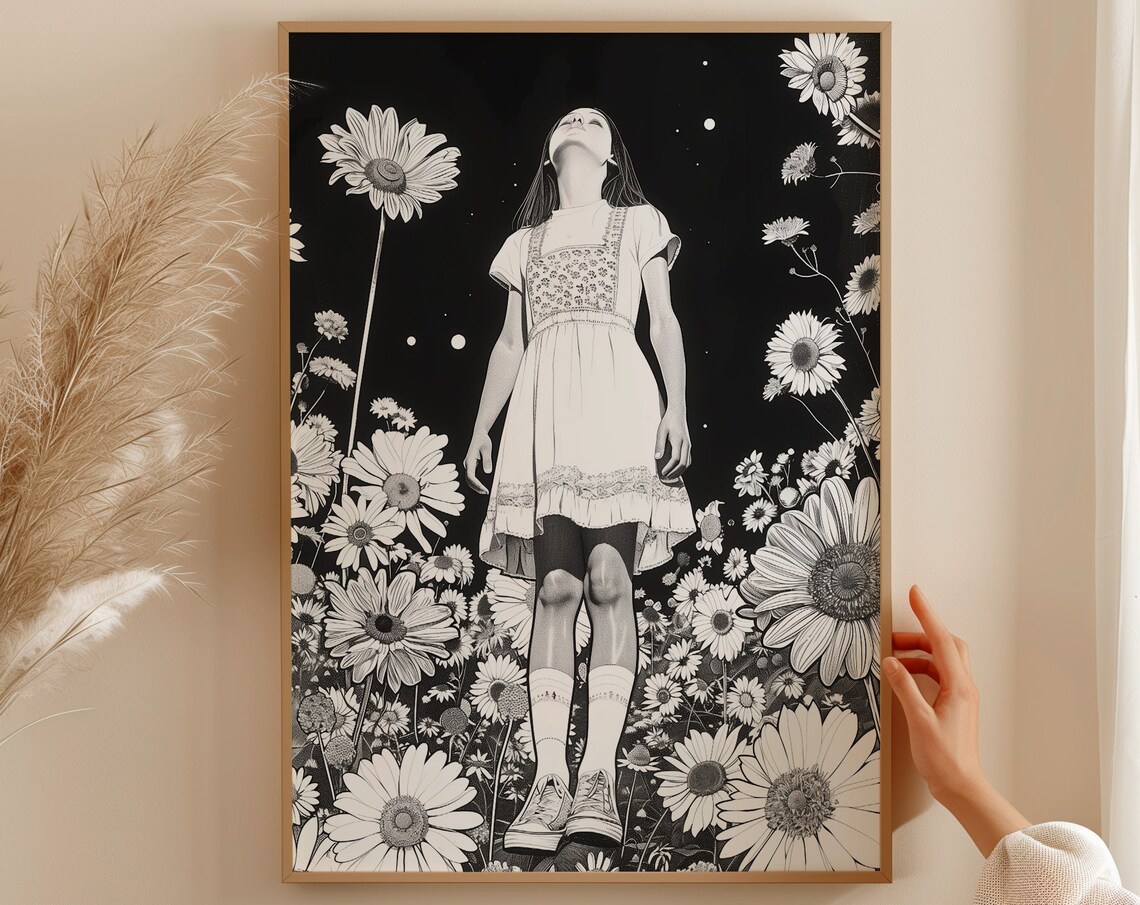 Black And White Flower Girl Among Giant Daisies Illustration Poster