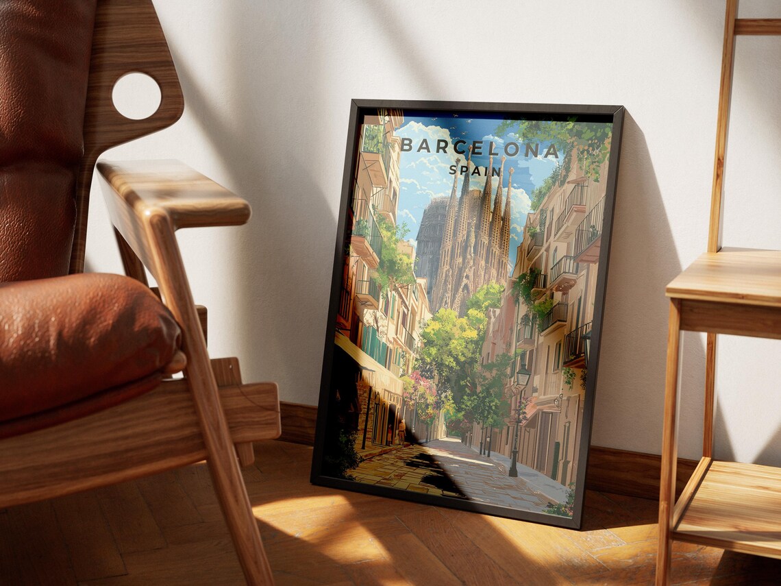 Barcelona Sagrada Familia Street Scene Spain Illustration Poster - Image 3