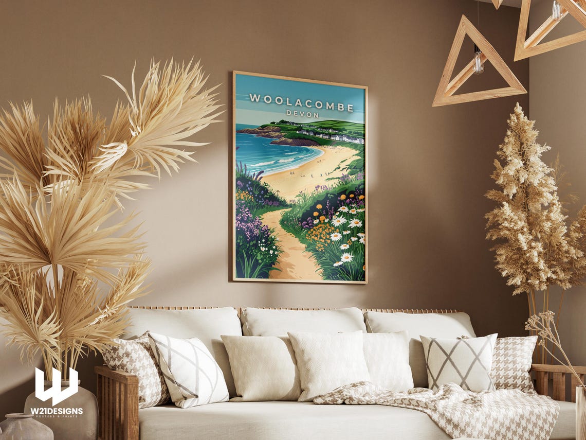 Woolacombe Devon Beach Path Wildflowers Coast Illustration Poster - Image 2