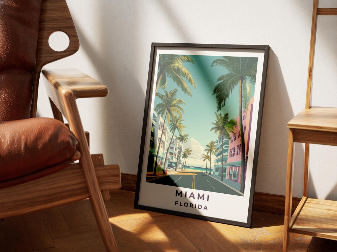Miami Florida Art Deco Street Palm Trees Retro Travel Poster