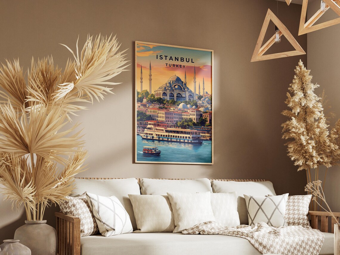 Istanbul Turkey Mosque Bosphorus Boats Travel Illustration Poster - Image 3