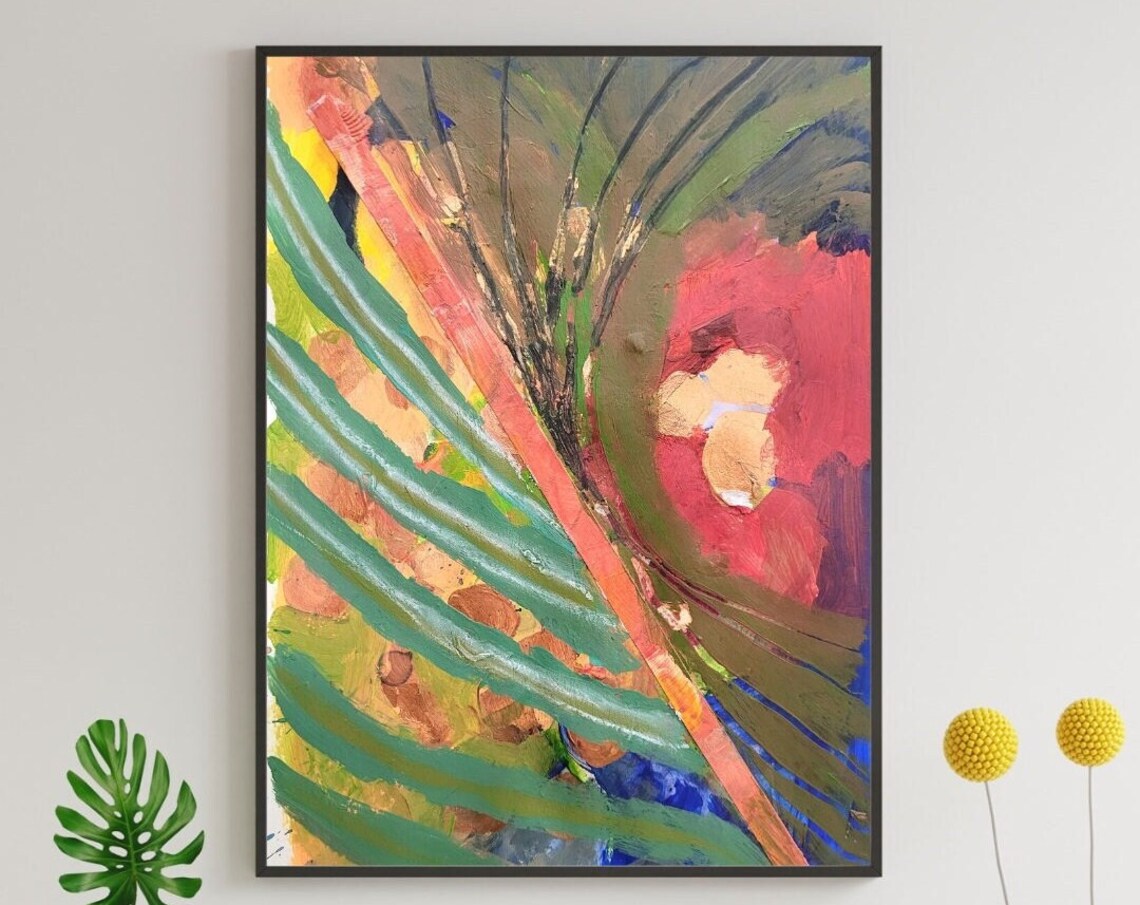 Diagonal Teal Palm Frond Across Fiery Red Gold Abstract Art Poster