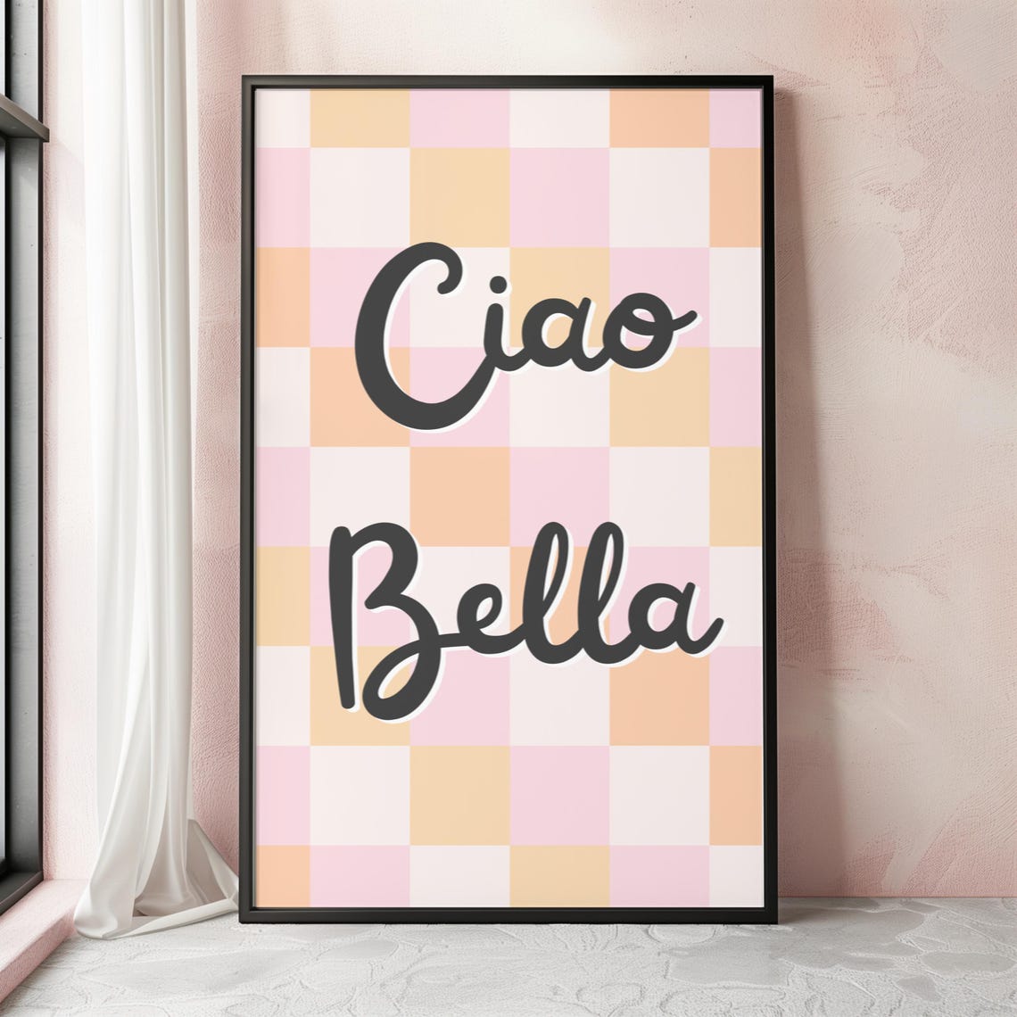 Ciao Bella Checkered Poster in Pink and Peach Retro Typography - Image 2