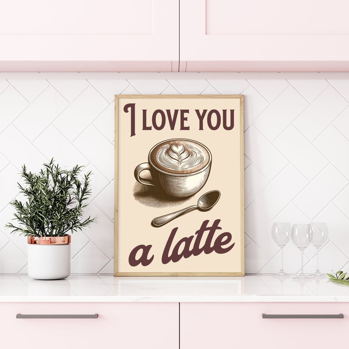 I Love You A Latte Coffee Pun Poster with Vintage Latte Art Coffee Cup - Image 3