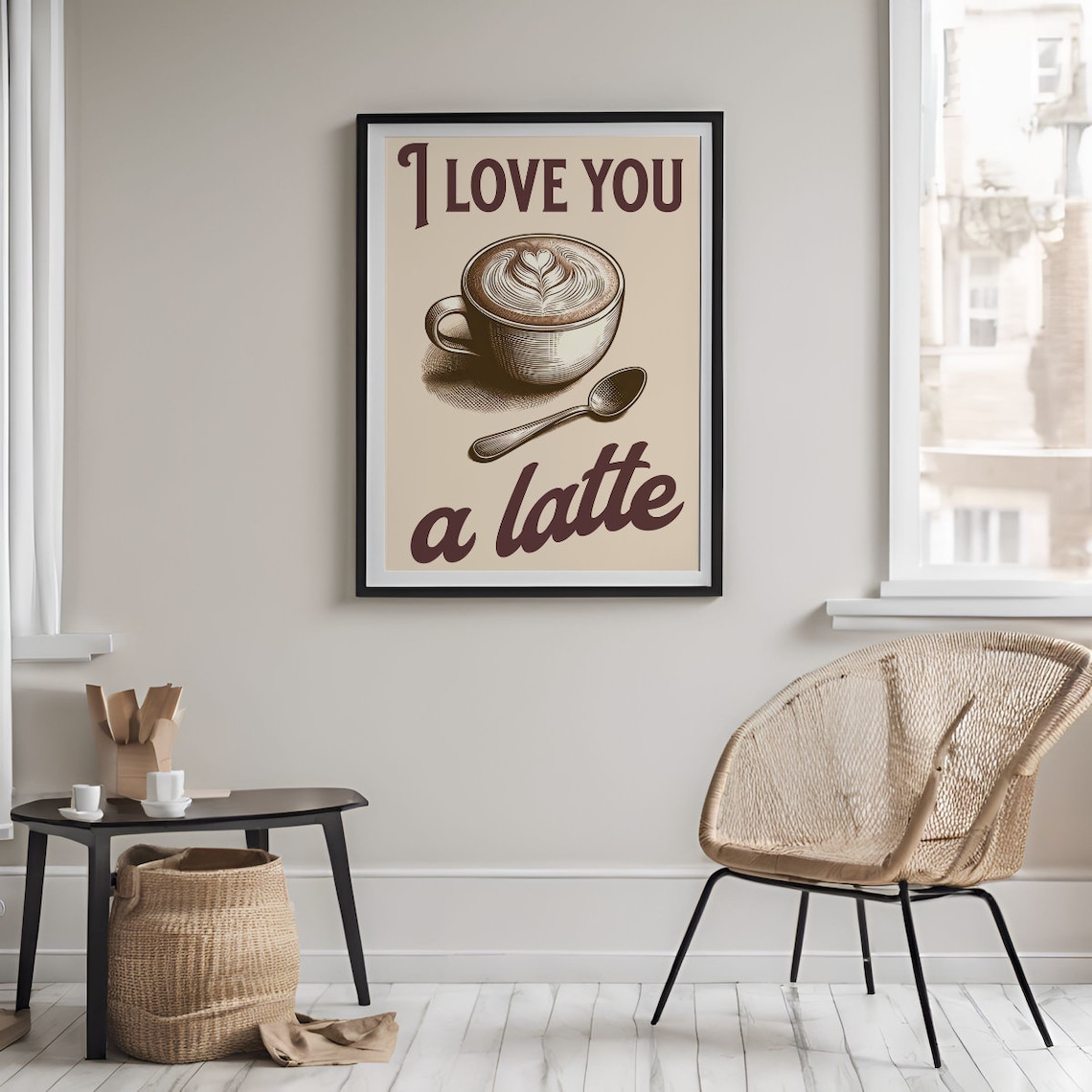 I Love You A Latte Coffee Pun Poster with Vintage Latte Art Coffee Cup - Image 2