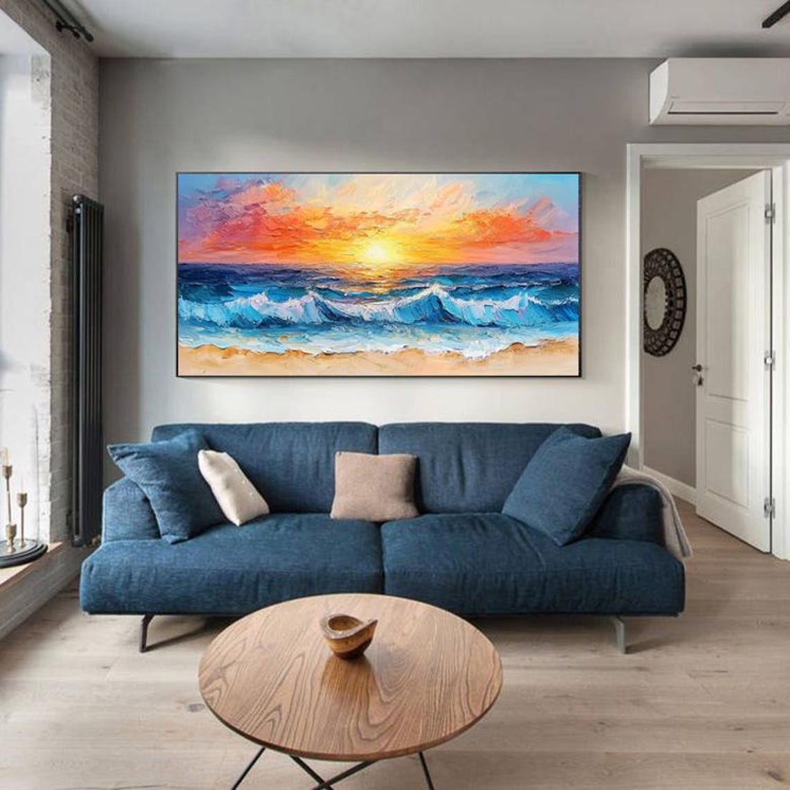 Ocean Sunset Beach Waves Over Golden Horizon Coast Painting Poster - Image 4