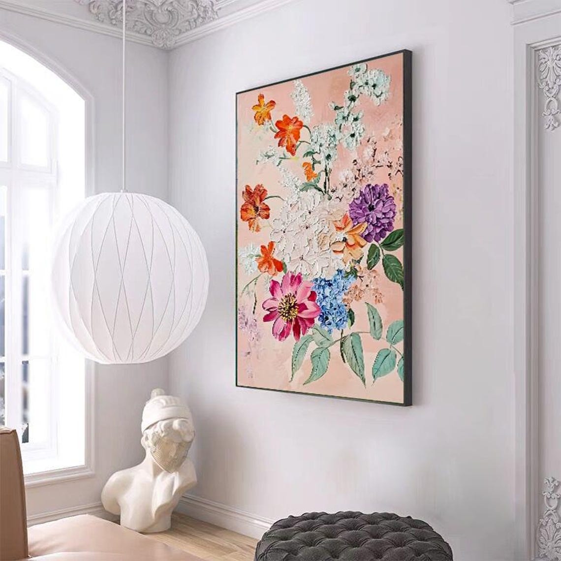 Soft Pastel Floral Bouquet Blooming on Blush Pink Vertical Wall Art - Image 3
